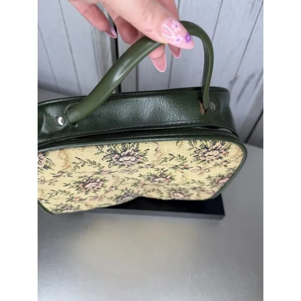 Vintage Tapestry Handbag Floral Petit Point Top Handle Purse 60s-70s Green Vinyl